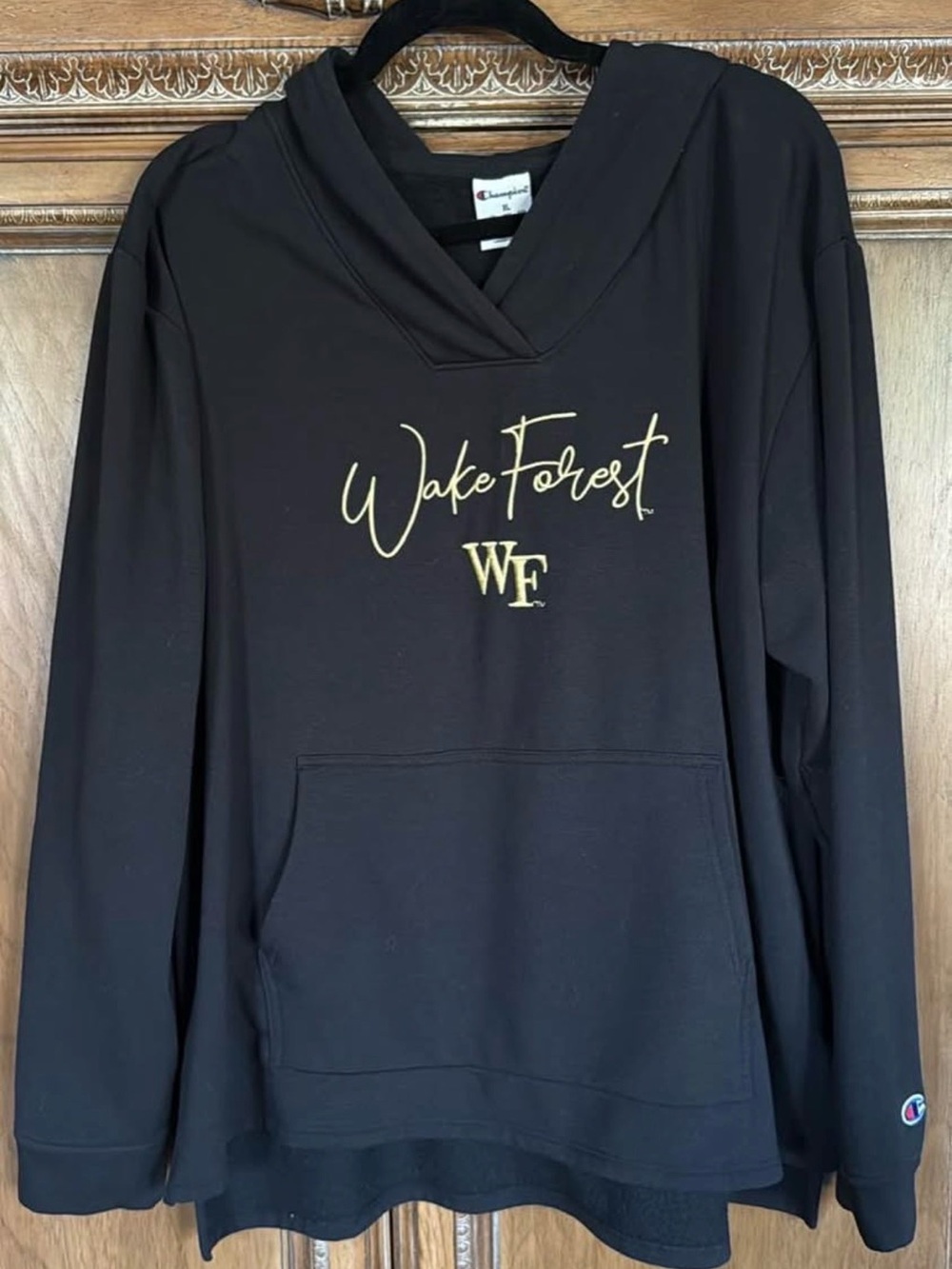 Champion Black V‑Neck Hoodie with Gold Wake Forest Script